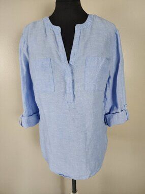 Ann Taylor Womens Medium Blue Chambray Top Tunic Roll Tab Sleeves Lightweight